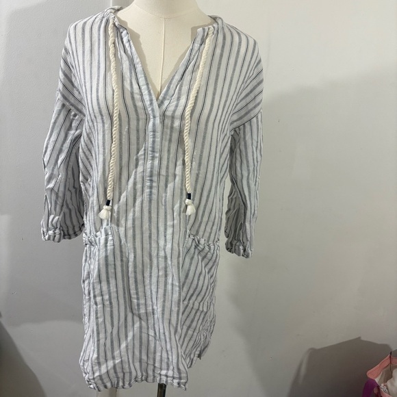 J. Crew Beach Coverup Linen Blend Gray White Striped Women Sz XS Preppy Nautical - Picture 1 of 11